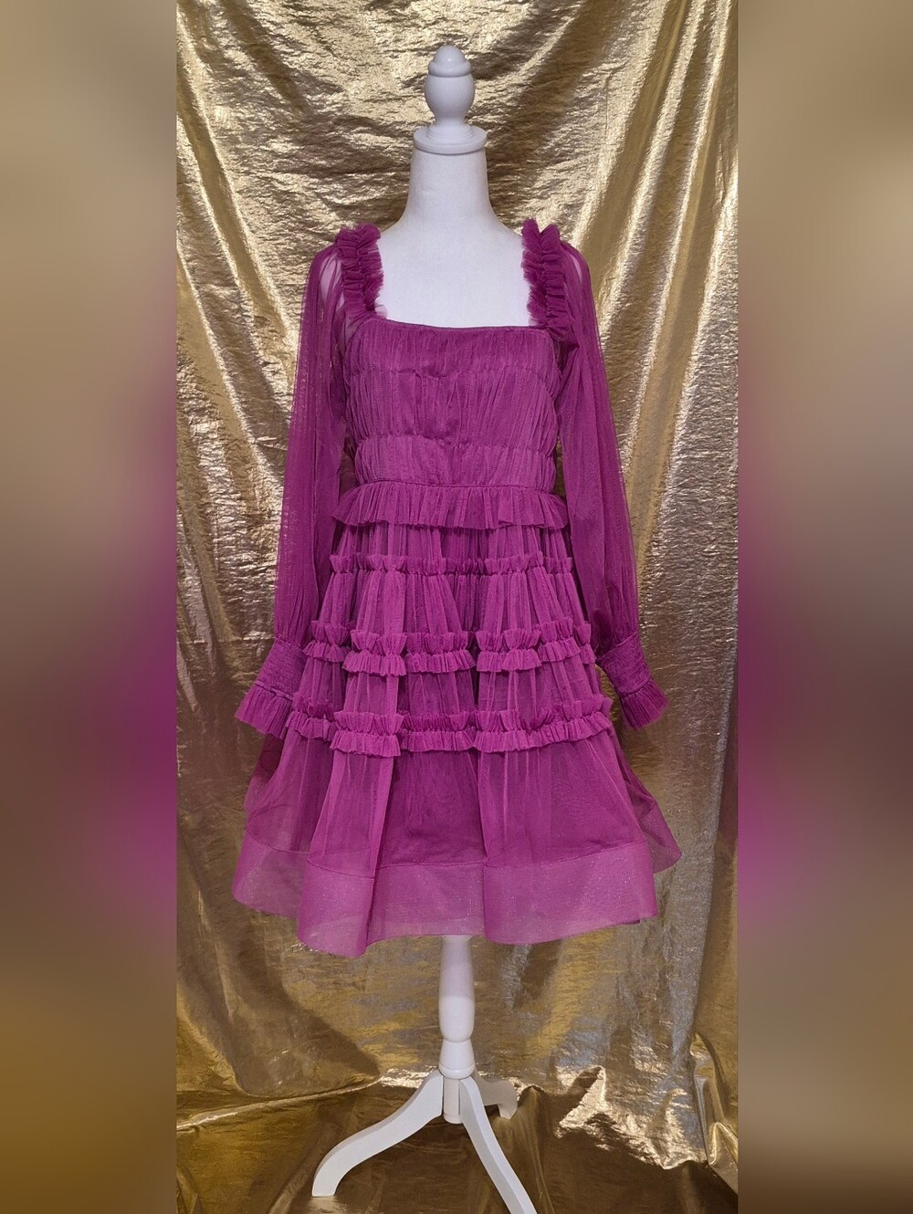 Asos Lace and Beads Ruffled Tiered Magenta Mini Tulle Dress